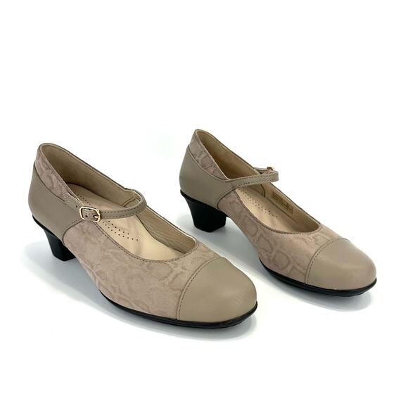 SAS Isabel Mary Jane Pumps Size 8 Wide Taupe/Tan Leather & Leopard Print Textile - Picture 2 of 16